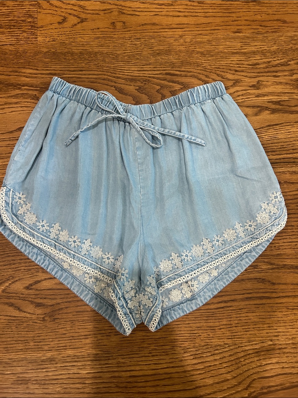Blue Rain Light Blue Embroidered Elastic Waist Tie Shorts.  Lightweight Comfort